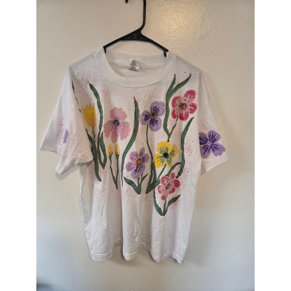 Vintage Wetpaint Hand Painted Floral T Shirt White One Size Rhinestone Puff Pnt